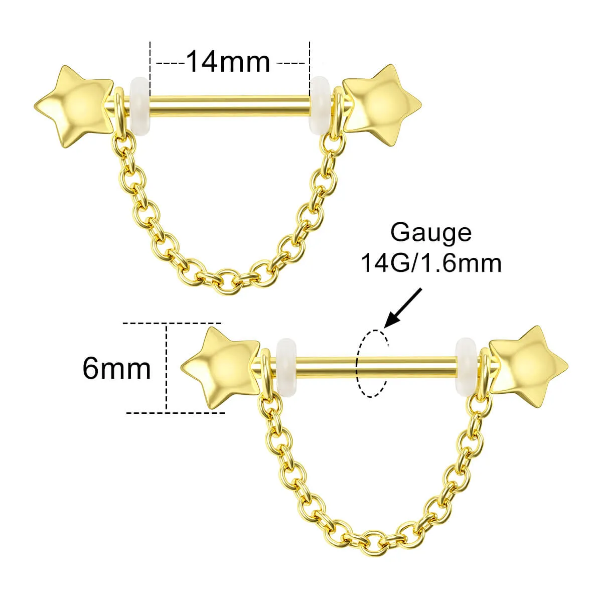 14G Chain Style Star Ends Nipple Barbell Set