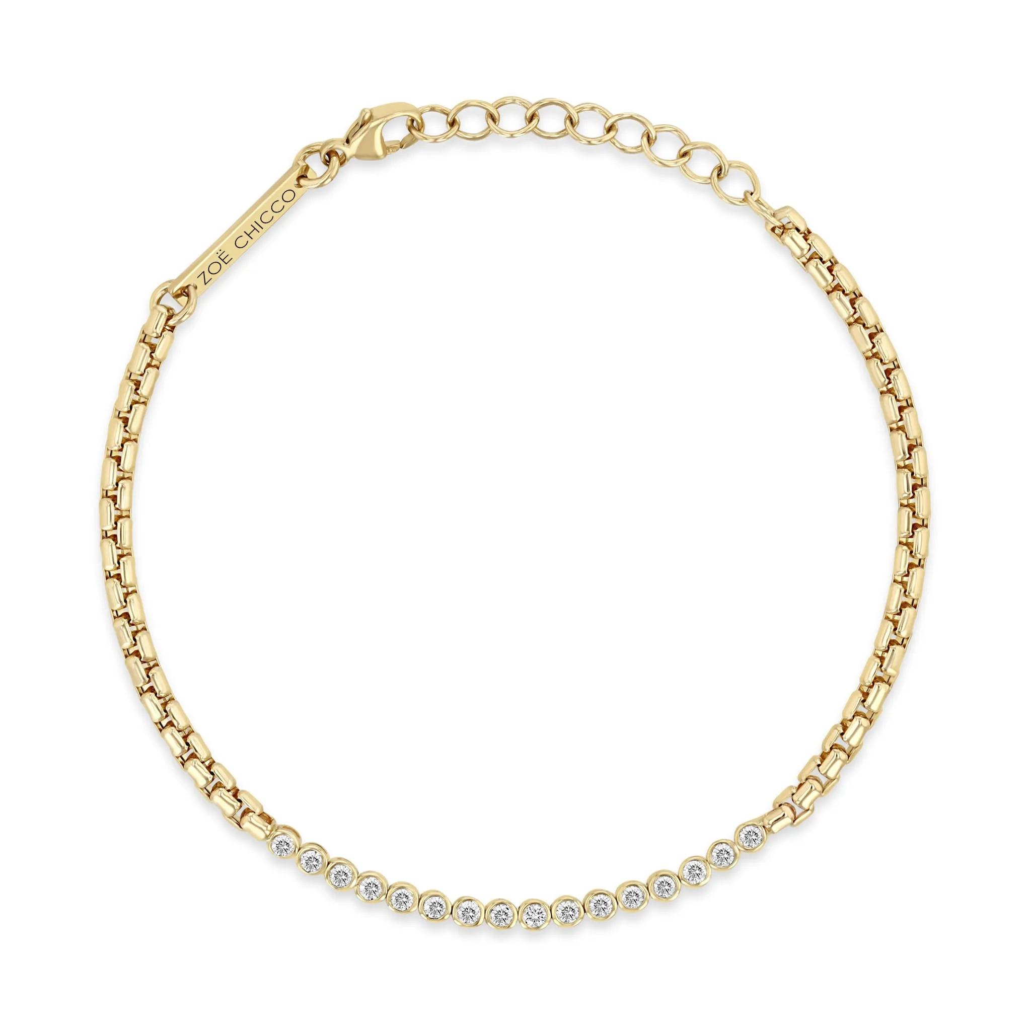 14k Small Diamond Bezel Tennis Segment Box Chain Bracelet