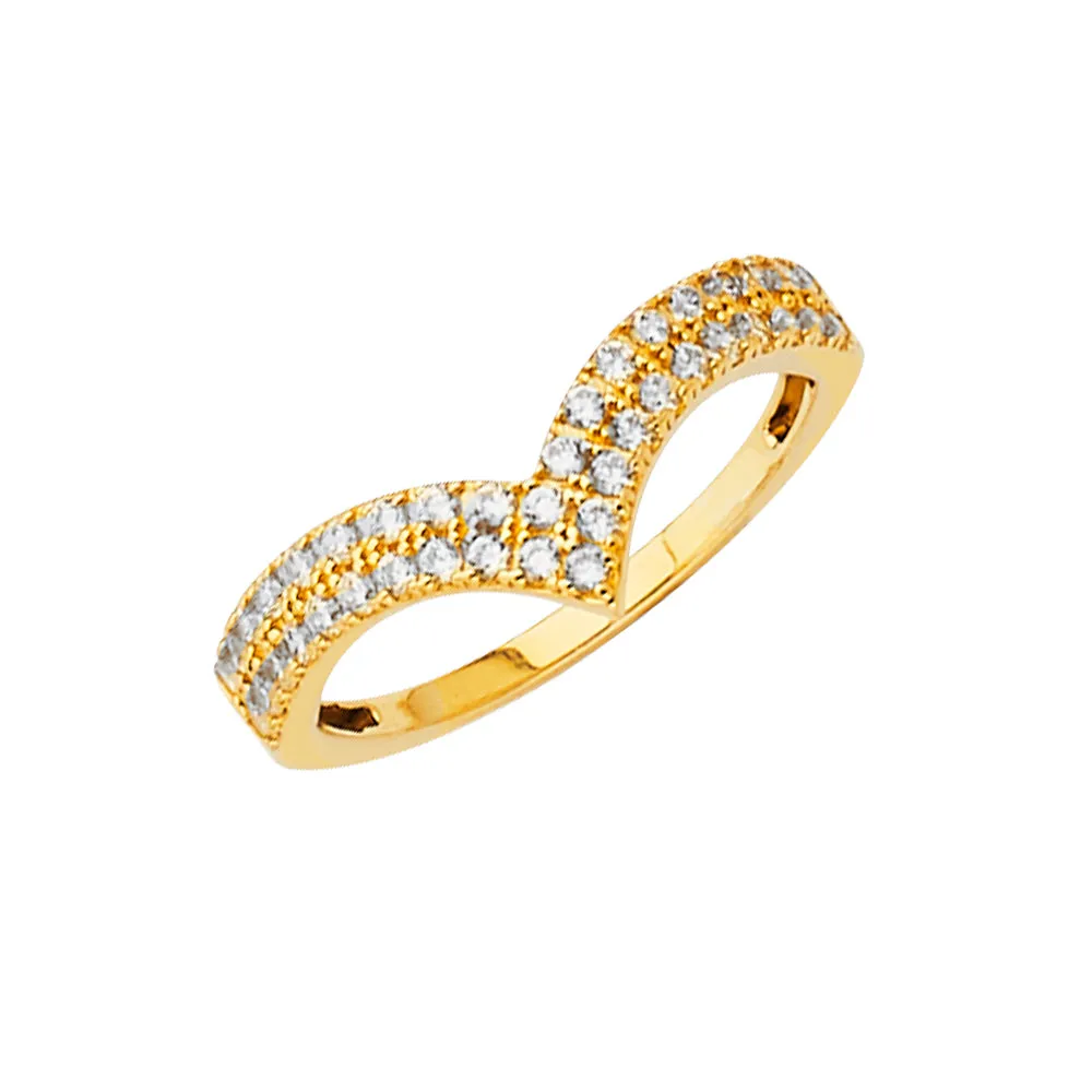 14K Solid Gold V Shape CZ Stackable Trendy Women's Ring