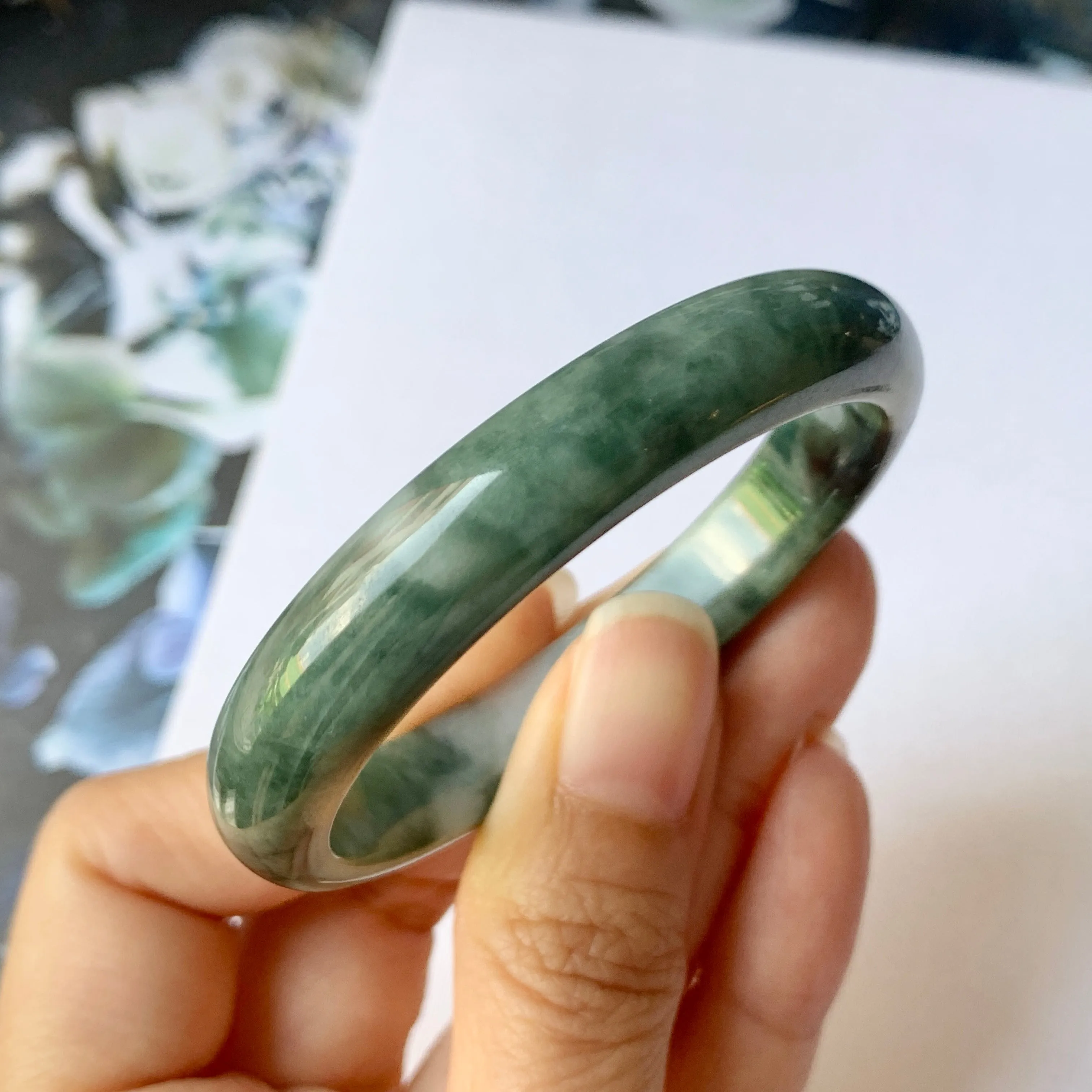 48.7mm A-Grade Natural Floral Bluish Green Jadeite Modern Oval Bangle No.151934