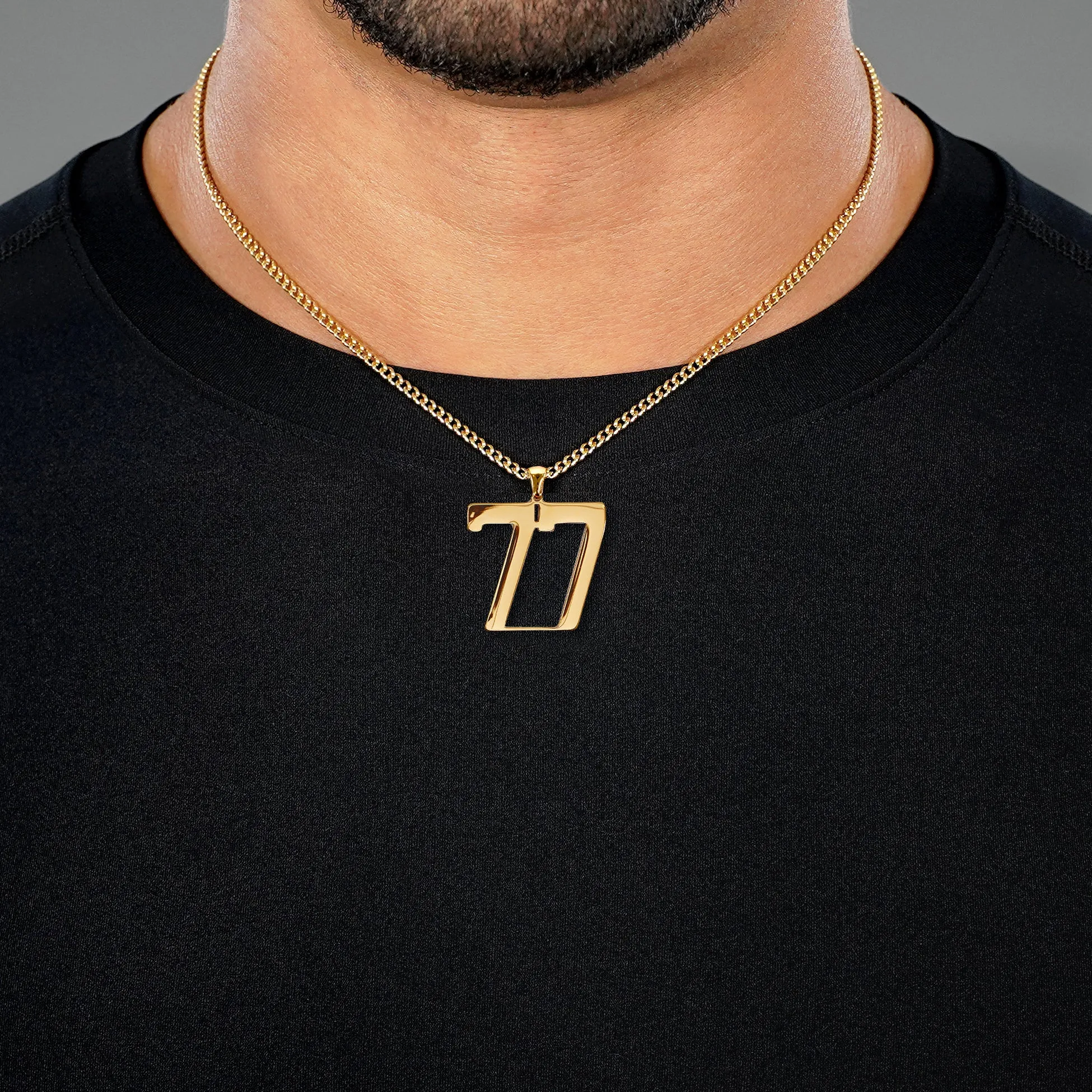 77 Number Pendant with Chain Necklace - Gold Plated Stainless Steel