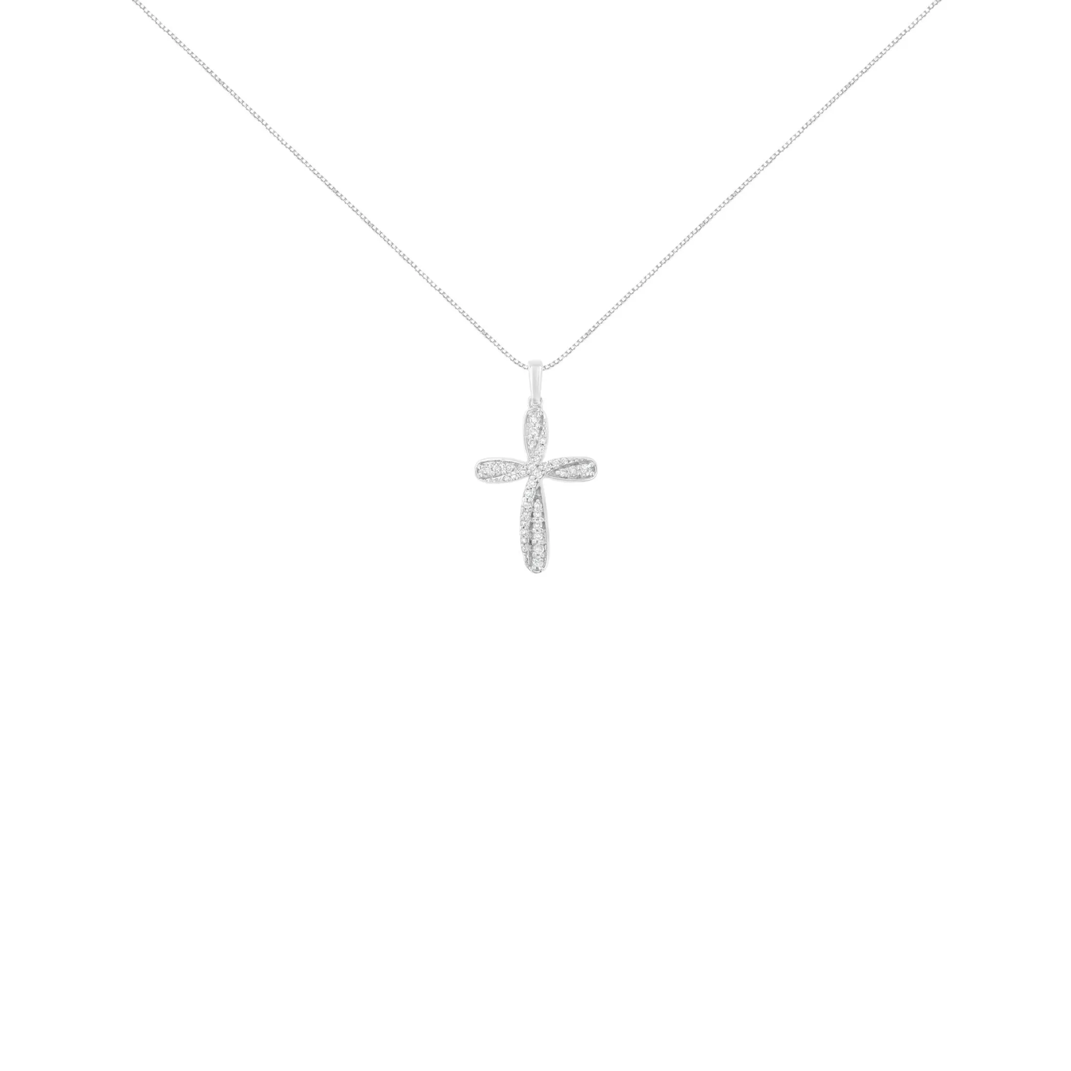 .925 Sterling Silver 1/4 Cttw Diamond Curved Cross 18" Pendant Necklace (I-J Color, I2-I3 Clarity)