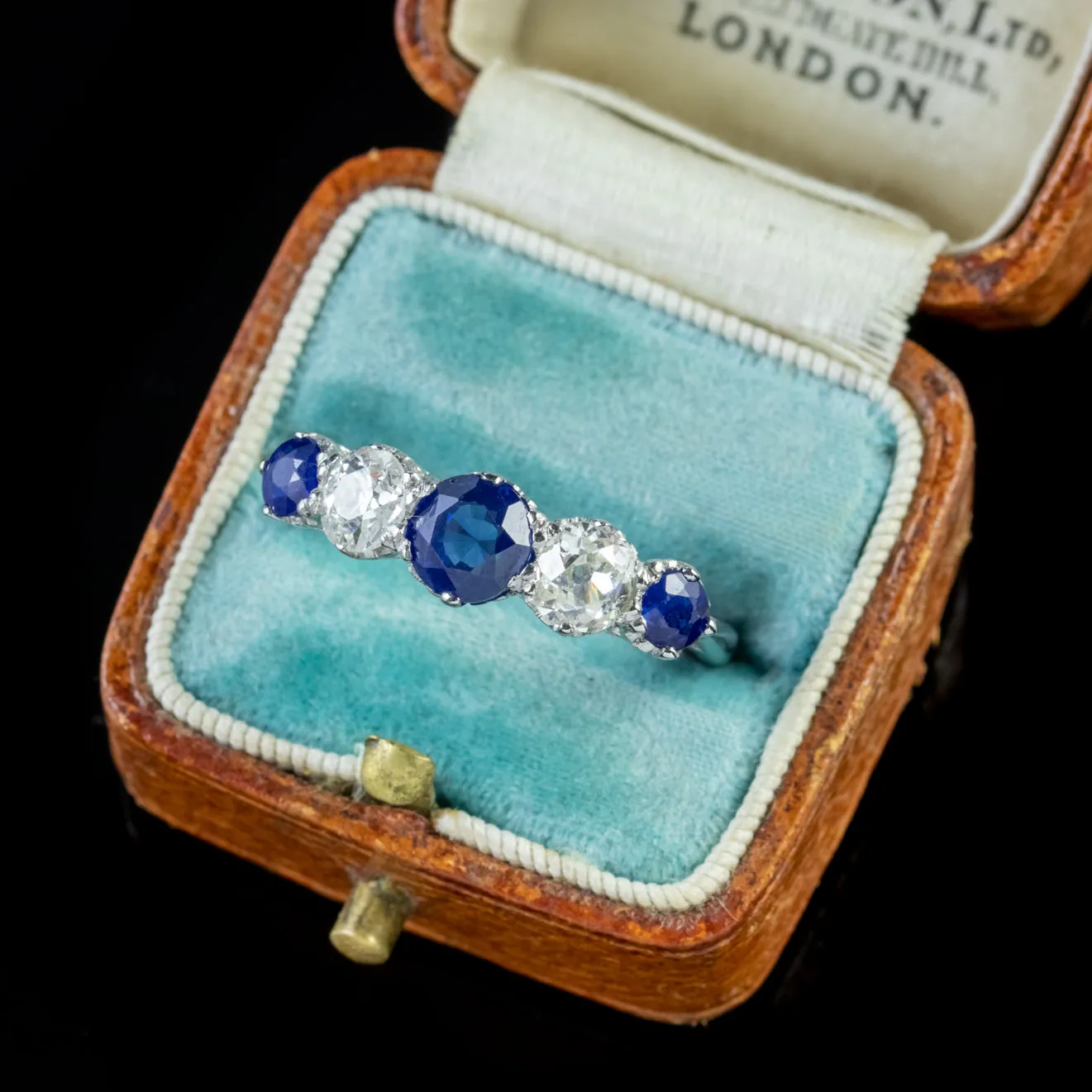 Antique Edwardian Sapphire Diamond Five Stone Ring Platinum Circa 1910