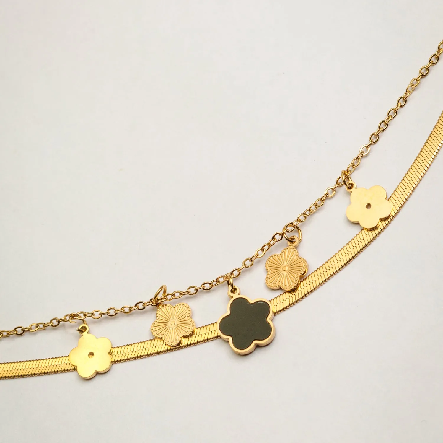 Artklim Gold Plated Black And Golden Clover Double Layered Bracelet