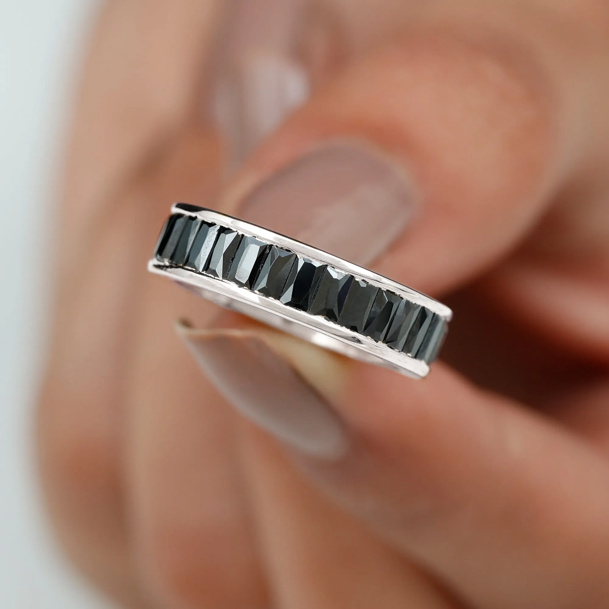 Baguette Cut Black Onyx Eternity Band Ring in Channel Setting