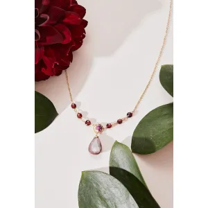 Berry Ombre Coin Necklace 5156 with Garnet, Ruby, Pink Sapphire, Rhodalite Garnet, Pearl, and a Chocolate Moonstone Drop by Michelle Pressler Jewelry