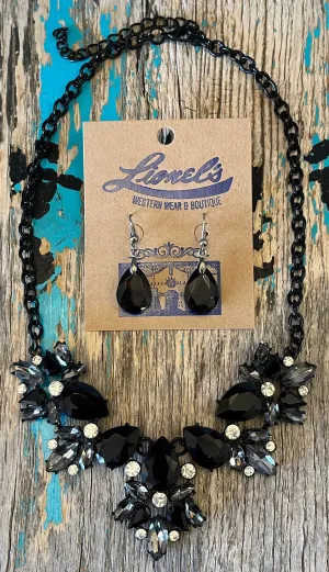 Black & Clear Crystals on Black Necklace w/ Earrings