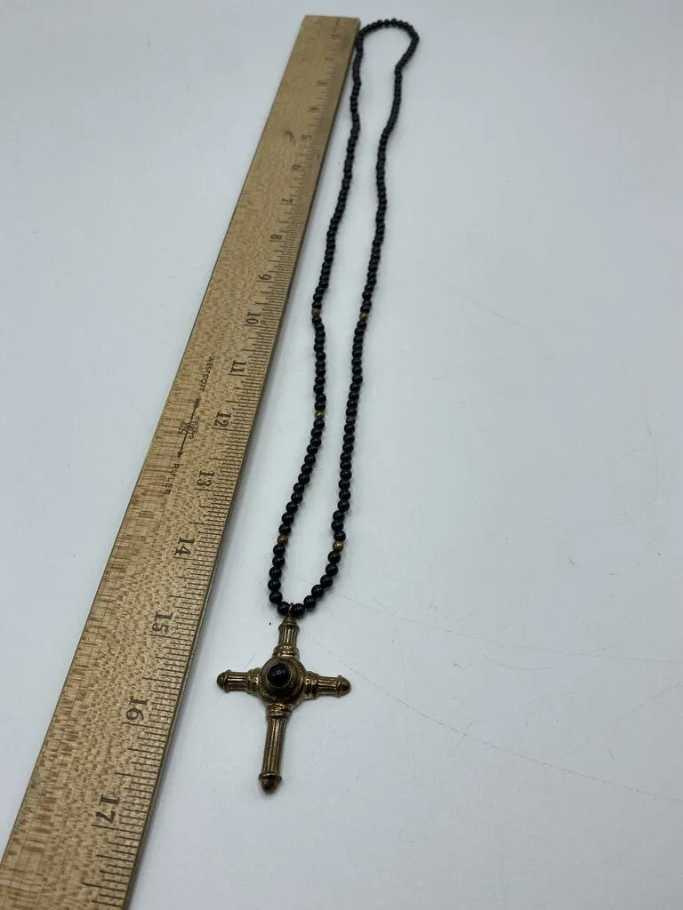 Black Bead Necklace with Silver Toned Cross and Small Silver Beads Necklace 14” /r