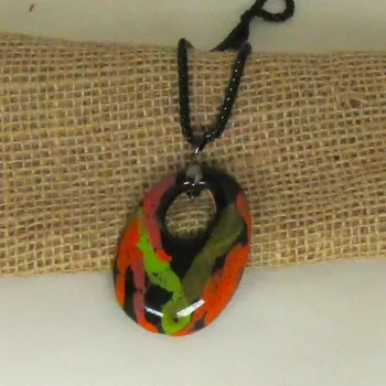 Black Green & Orange Fair Trade Pendant on Black Chain