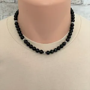 Black Sardonyx and Silver Mens Beaded Necklace