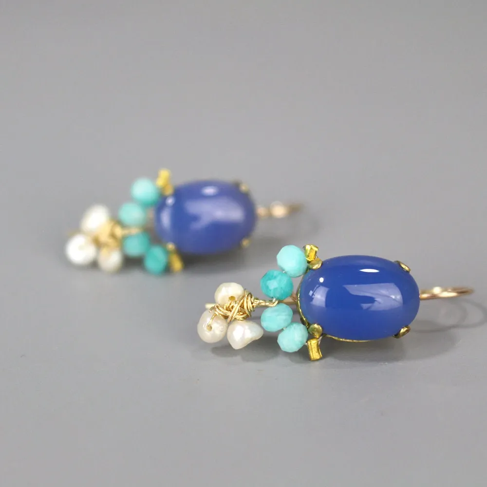 Blue Agate Oval Gemstone Earrings