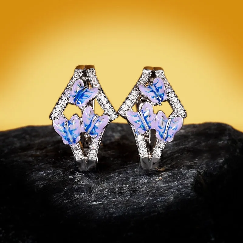 Blue Butterfly Enamel Hoop Earrings for Women with Zircon in 925 Sterling Silver