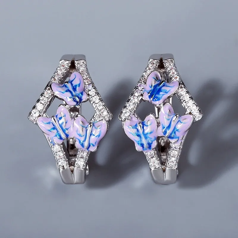 Blue Butterfly Enamel Hoop Earrings for Women with Zircon in 925 Sterling Silver