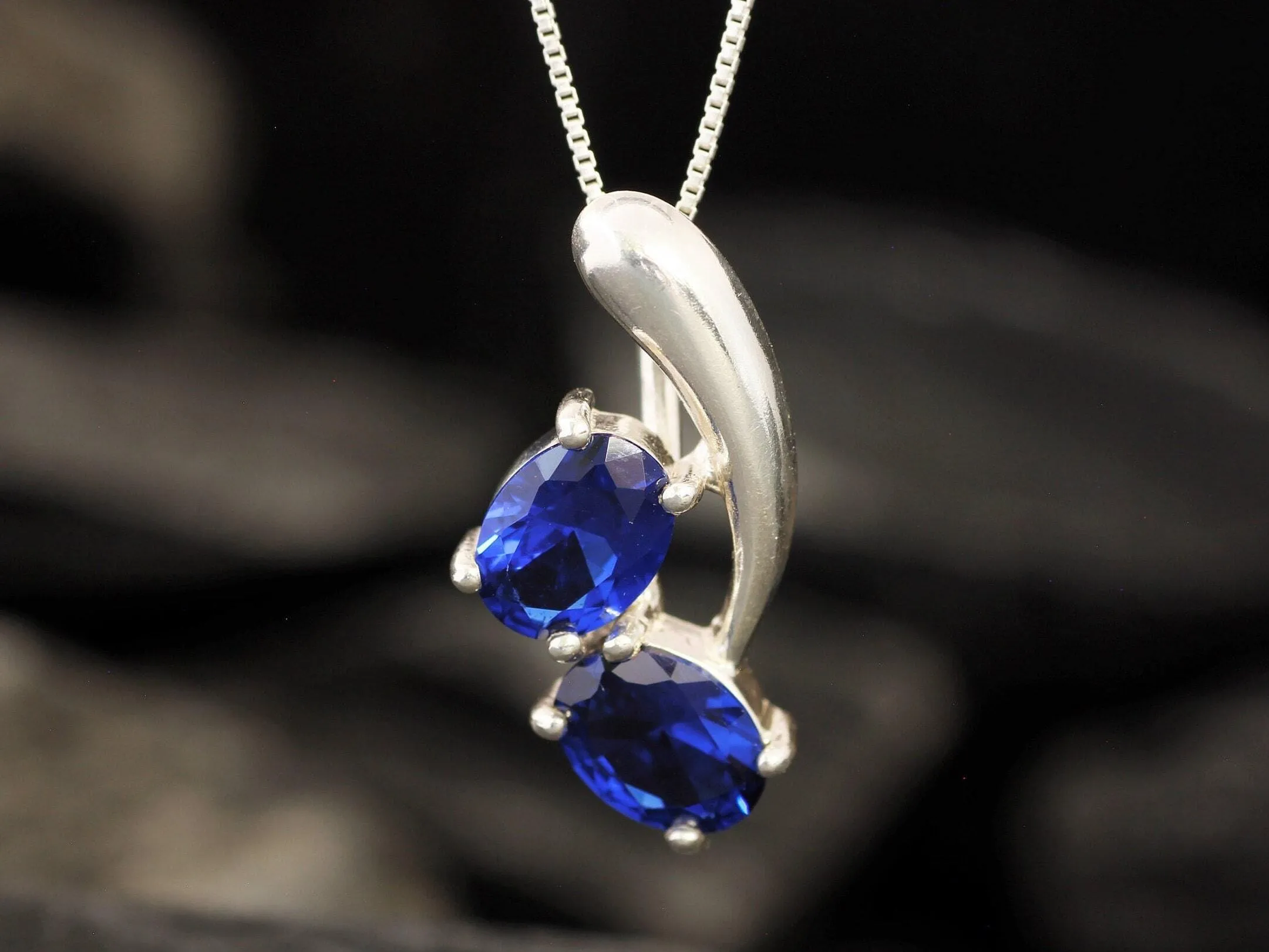 Blue Sapphire Pendant - Twin Sapphire Necklace - Unique Blue Pendant