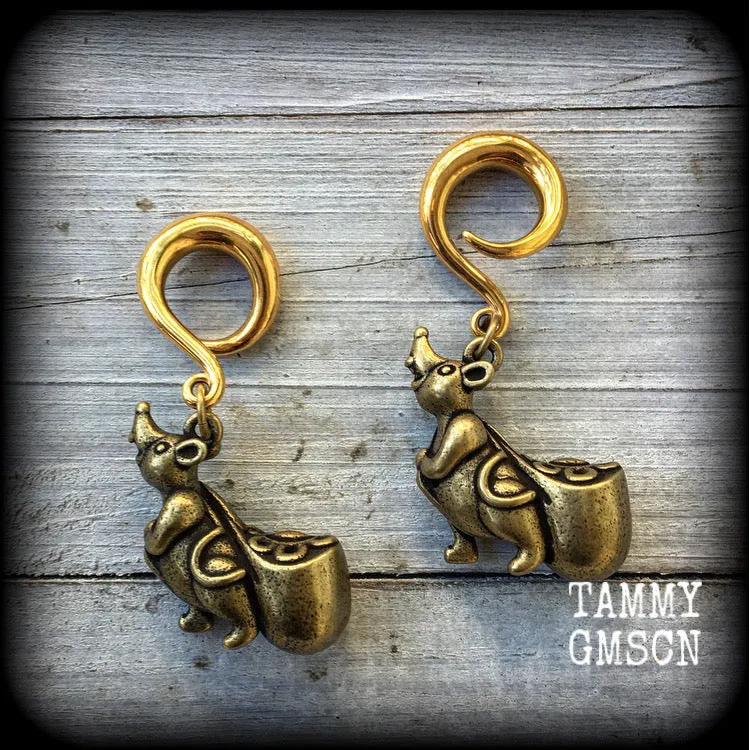 Brass money rat ear weights-Unique gauged earrings