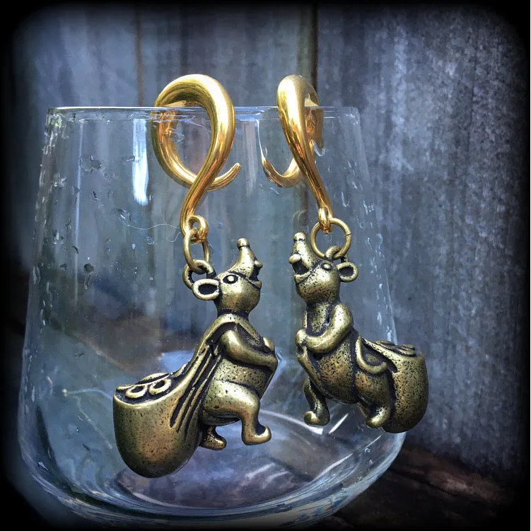 Brass money rat ear weights-Unique gauged earrings