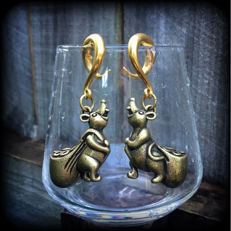 Brass money rat ear weights-Unique gauged earrings