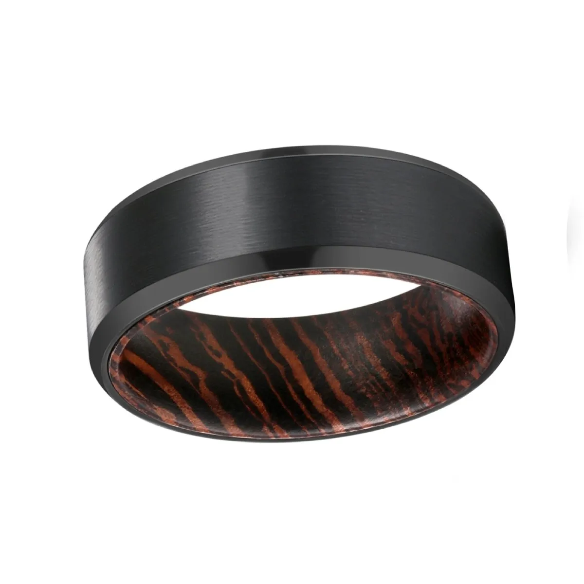 BRAVELY | Wenge Wood, Black Tungsten Ring, Brushed, Beveled