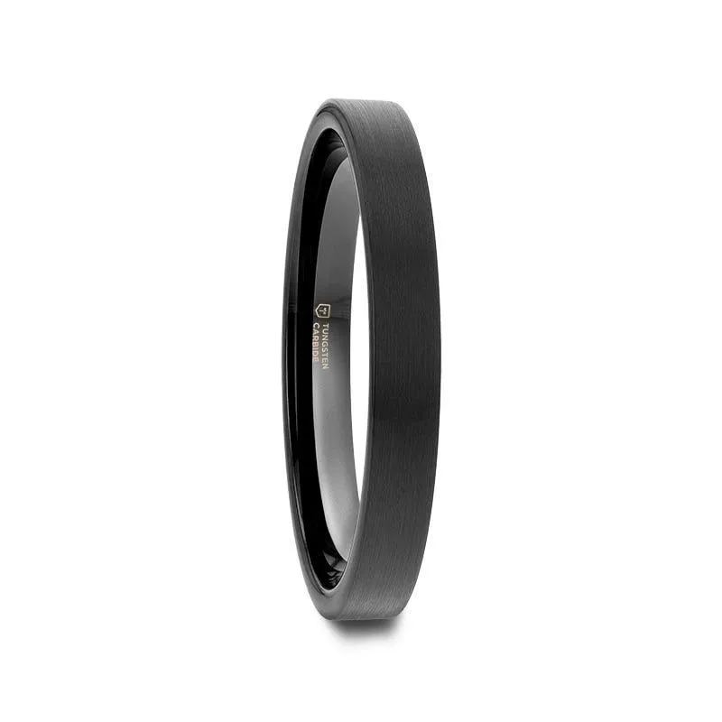 CAROLINA Black Flat Shaped Tungsten Wedding Band for Women with Brushed Finish - 2mm