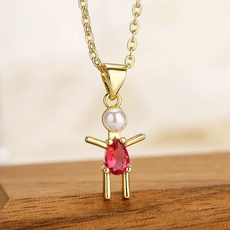 Cartoon Style Artistic Human Copper 18k Gold Plated Pearl Zircon Pendant Necklace In Bulk