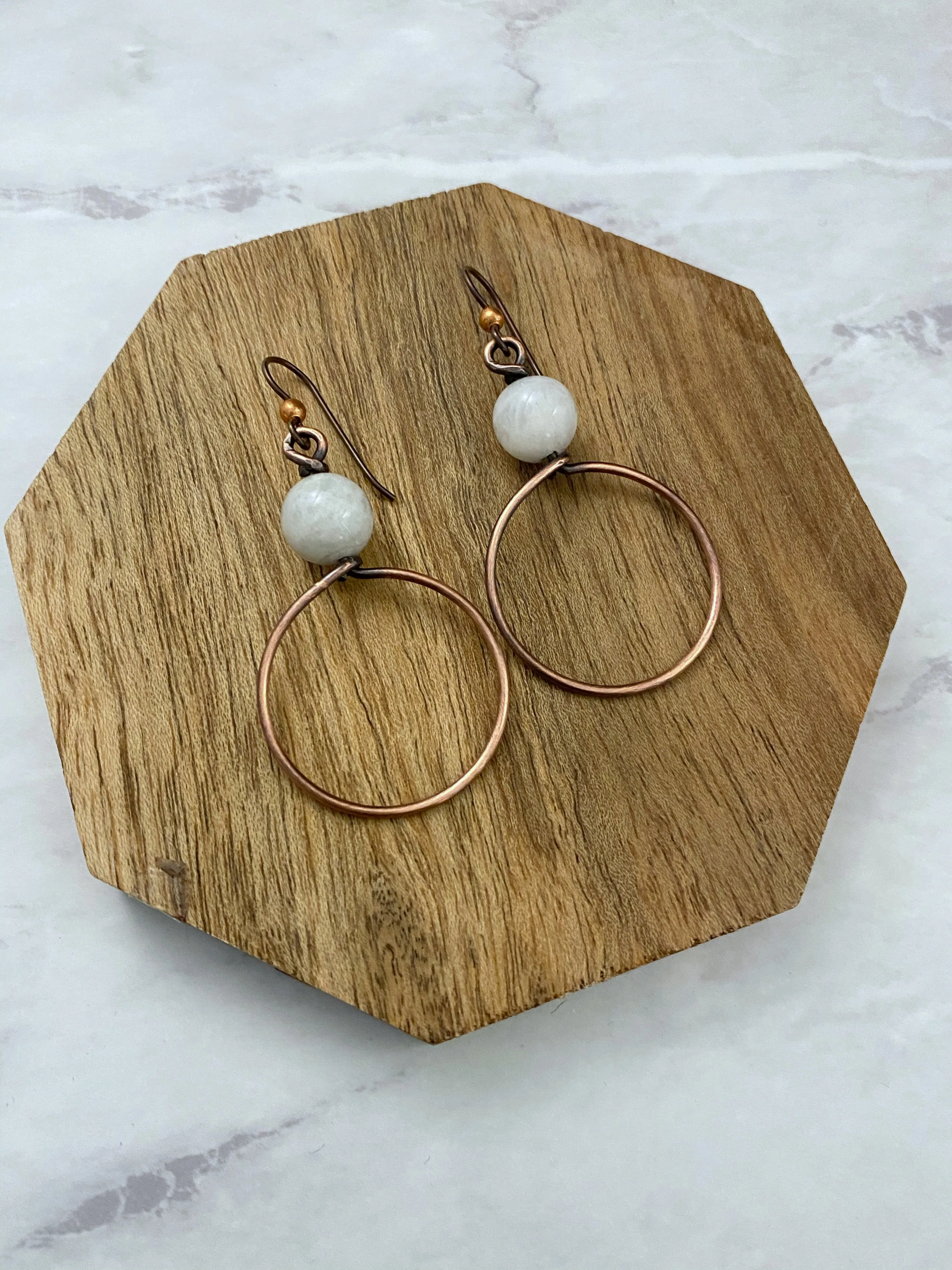 Copper and moonstone hoop earrings