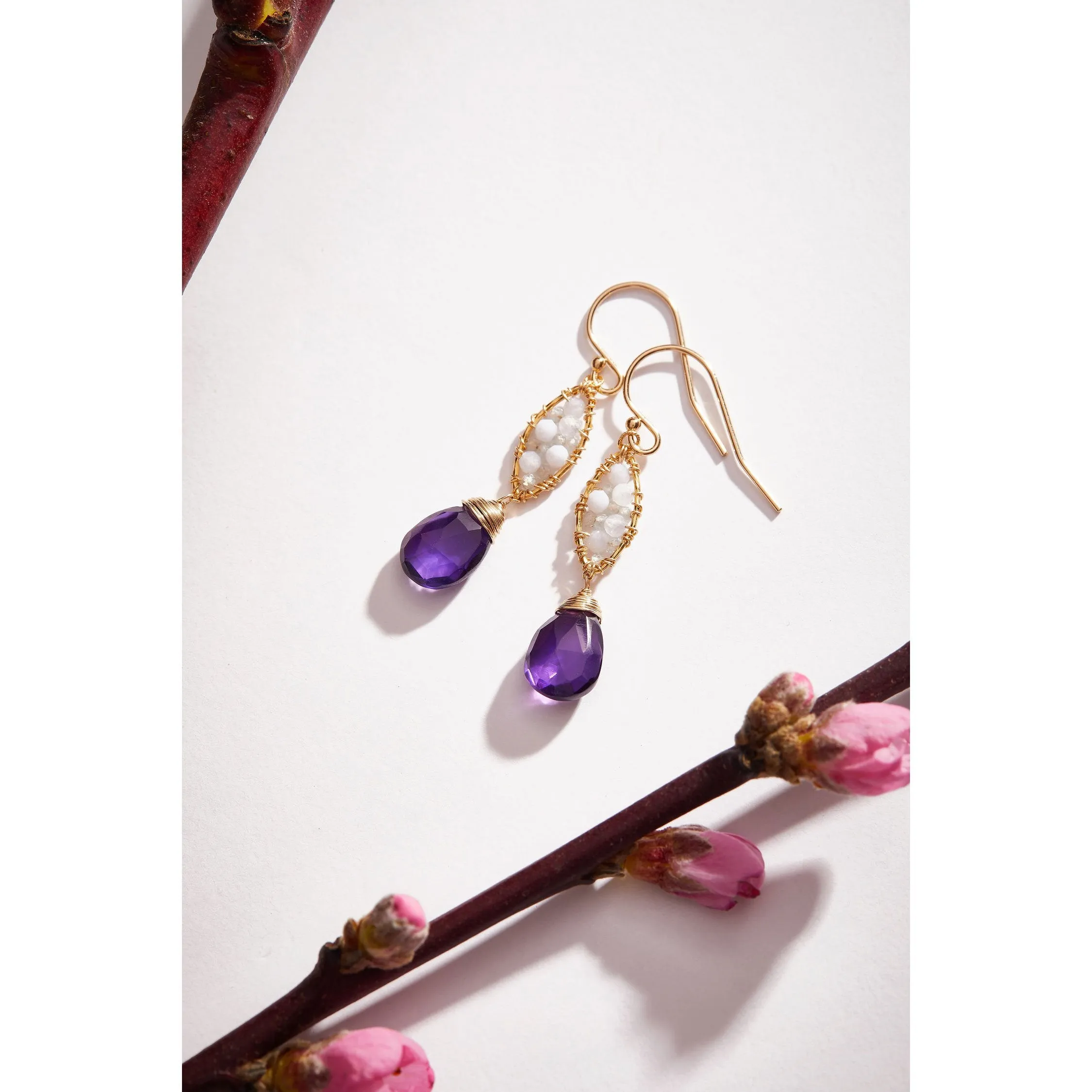 Earrings 4755 with Blue Lace Agate White Natural Zircon and Amethyst Drops by Michelle Pressler Jewelry