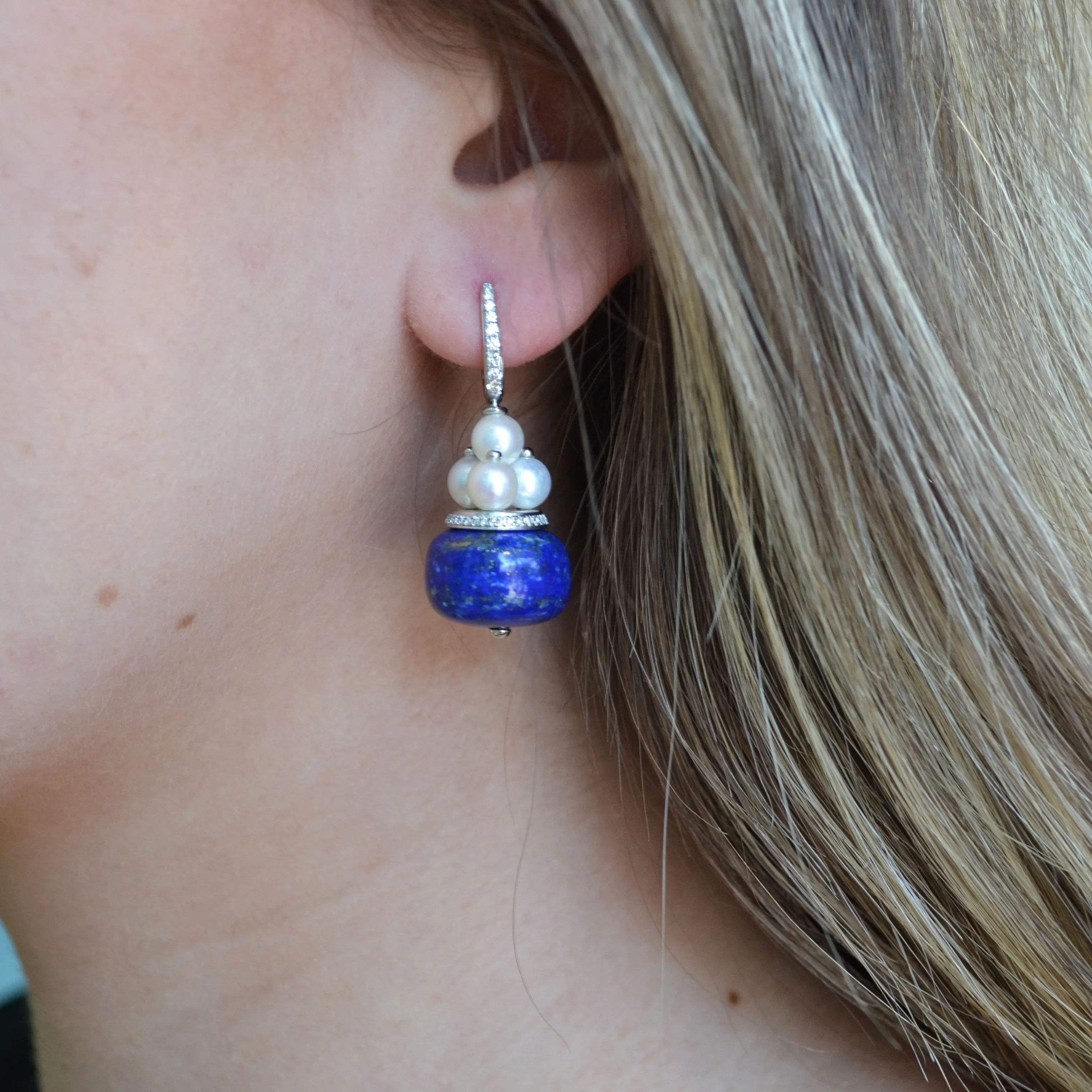 Eclat Jewels - One of a Kind Earrings with Lapis, Pearls, and Diamonds, 18k White Gold