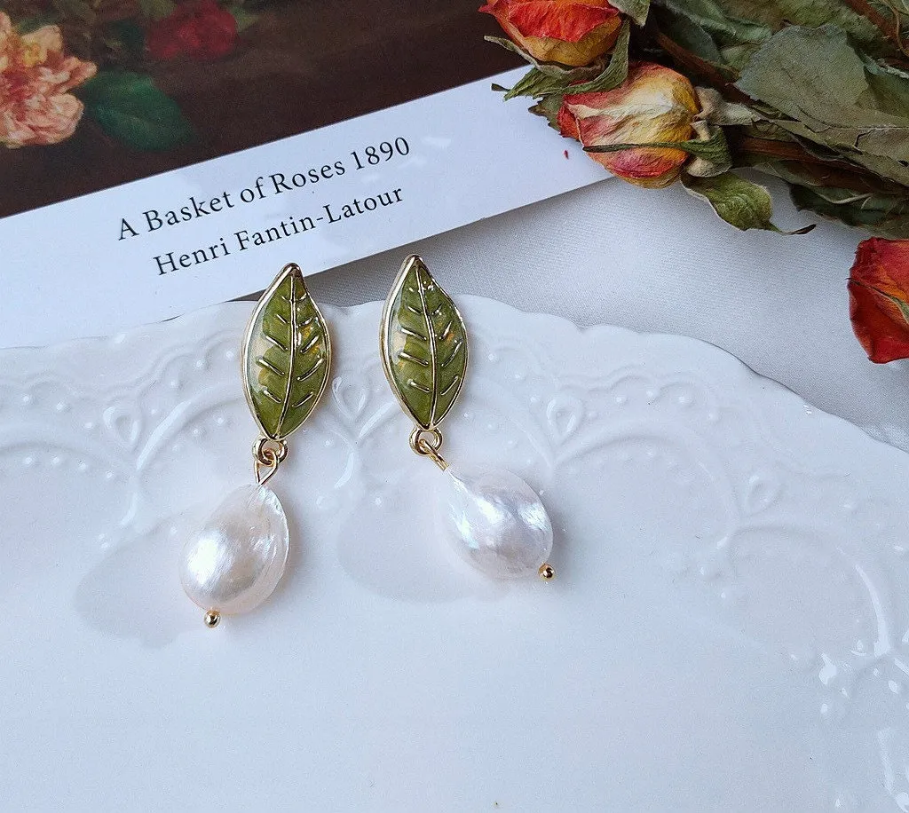 Enamel Leaf Baroque Pearl Dangle Earrings