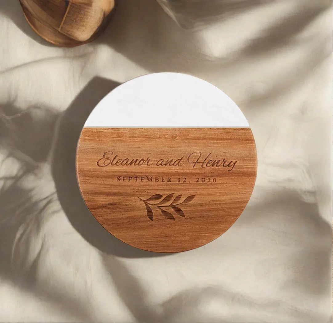 Engraved Marble and Acacia Wood Coaster