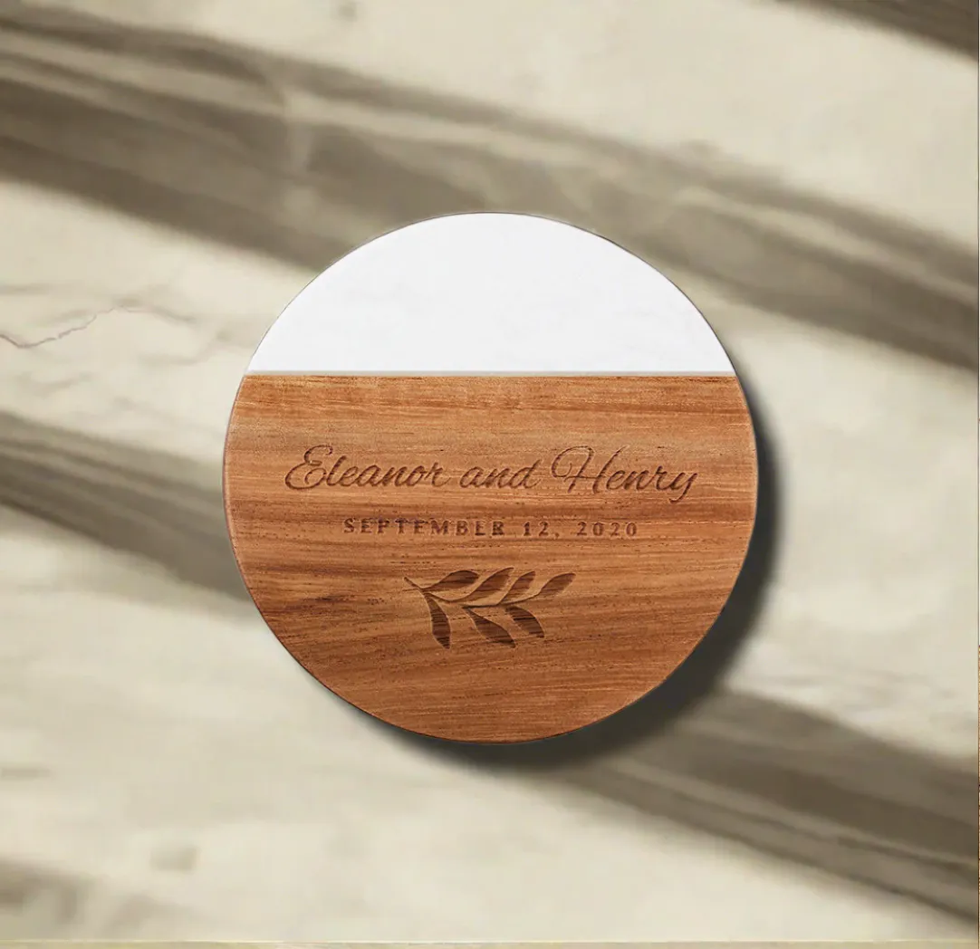 Engraved Marble and Acacia Wood Coaster