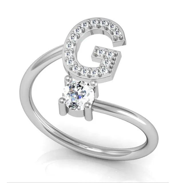 Fashion 26 Letters Silver Ring For Women Rhinestone Open Finger Rings Female Engagement Jewelry Anel Party Gift