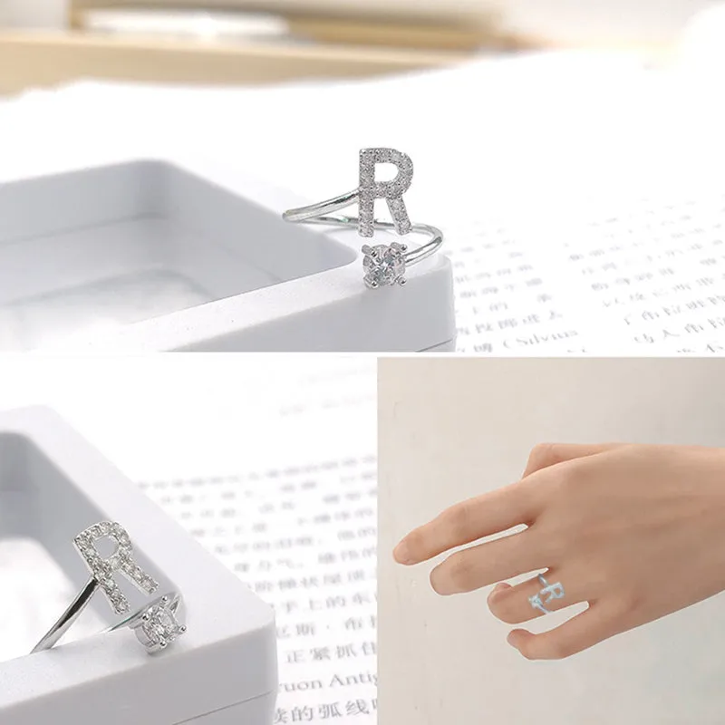 Fashion 26 Letters Silver Ring For Women Rhinestone Open Finger Rings Female Engagement Jewelry Anel Party Gift