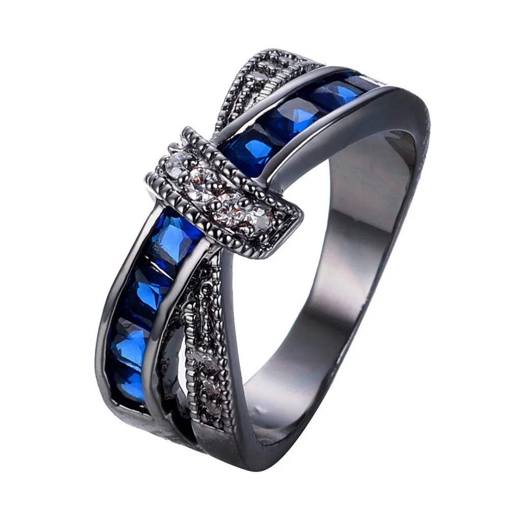 Female Blue Cross Ring Fashion White & Black Gold Filled Jewelry Promise Engagement Rings For Women Birthday Stone Gifts