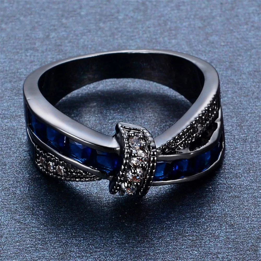 Female Blue Cross Ring Fashion White & Black Gold Filled Jewelry Promise Engagement Rings For Women Birthday Stone Gifts