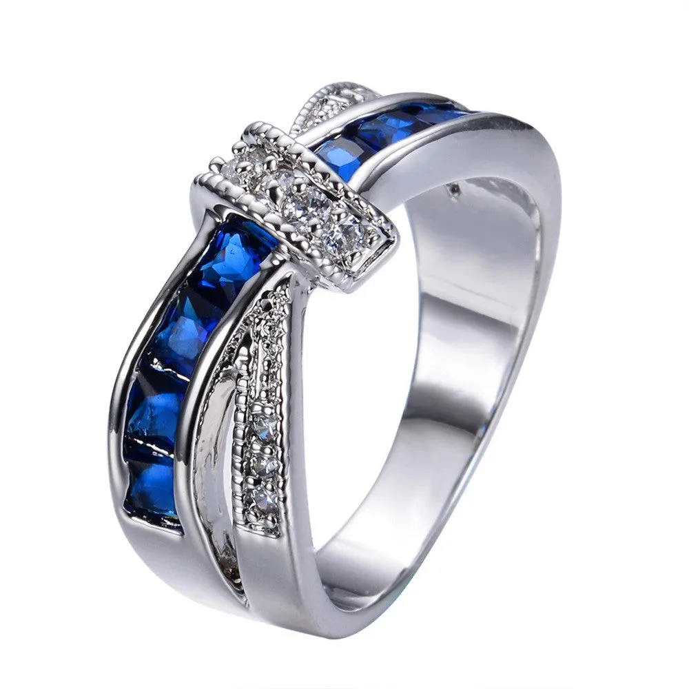 Female Blue Cross Ring Fashion White & Black Gold Filled Jewelry Promise Engagement Rings For Women Birthday Stone Gifts