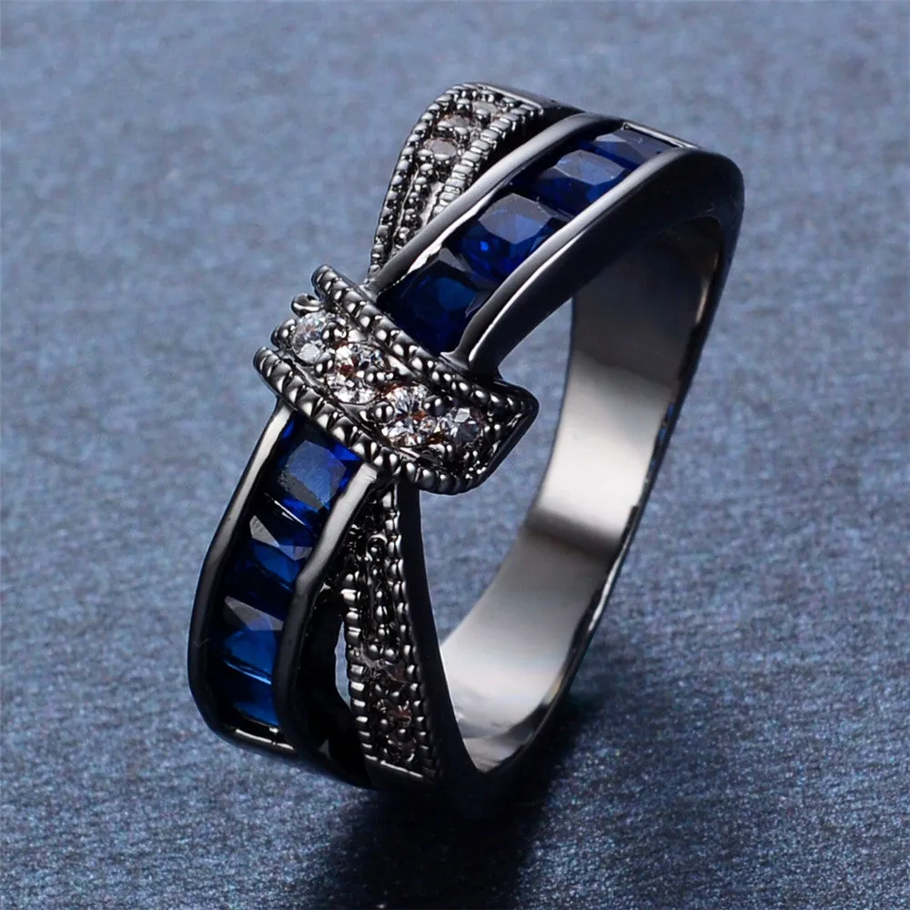 Female Blue Cross Ring Fashion White & Black Gold Filled Jewelry Promise Engagement Rings For Women Birthday Stone Gifts