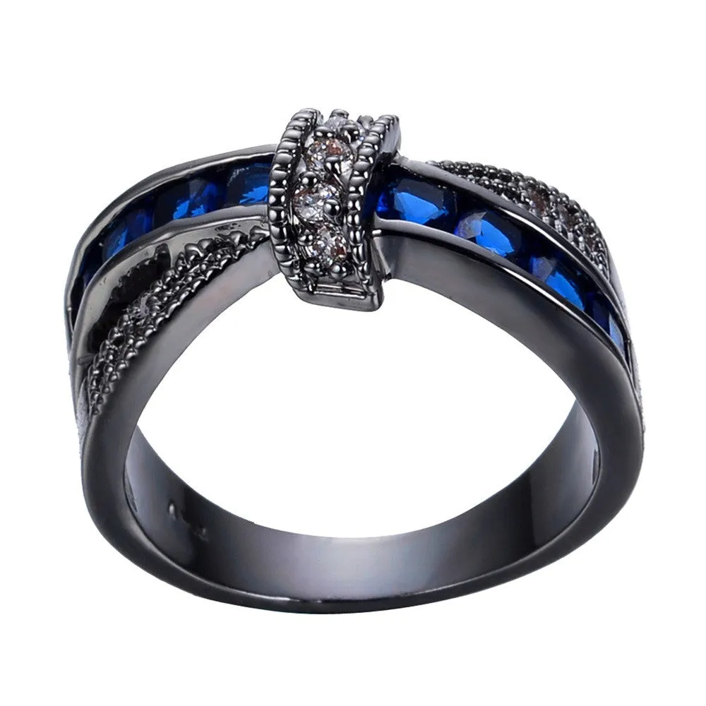 Female Blue Cross Ring Fashion White & Black Gold Filled Jewelry Promise Engagement Rings For Women Birthday Stone Gifts