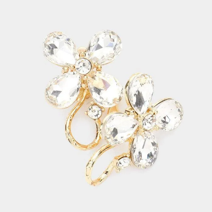 Flower Clear Crystal Accented Clip On Evening Earrings