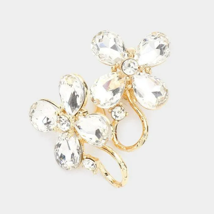 Flower Clear Crystal Accented Clip On Evening Earrings