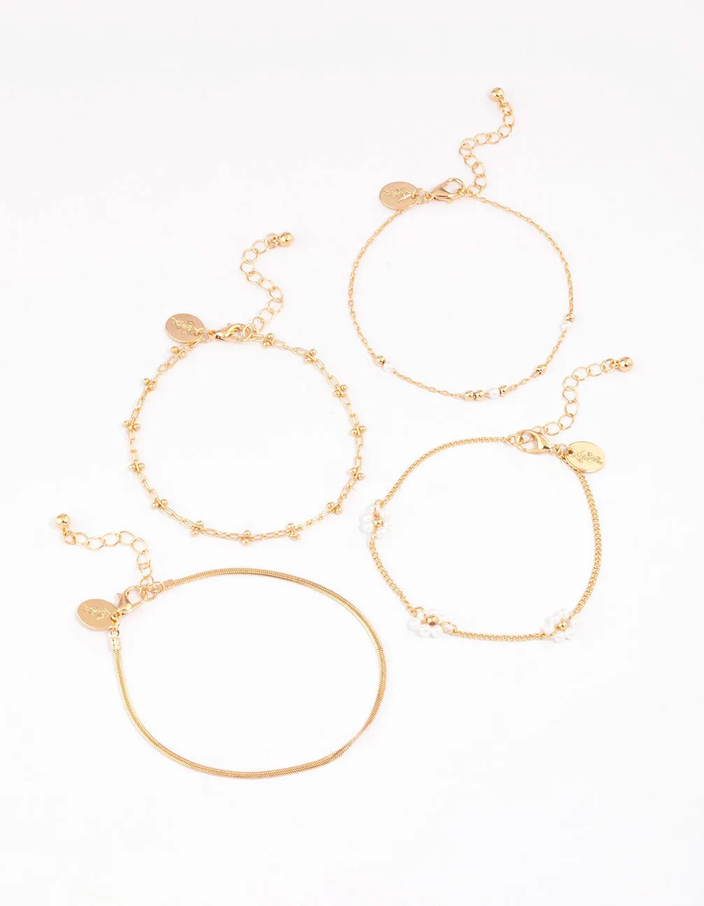 Gold Chain Pearly Flower Bracelet & Anklet 4-Pack Set