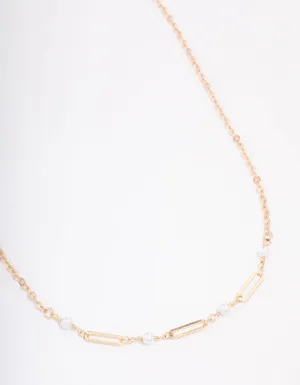 Gold Pearl Rectangle Link Short Necklace