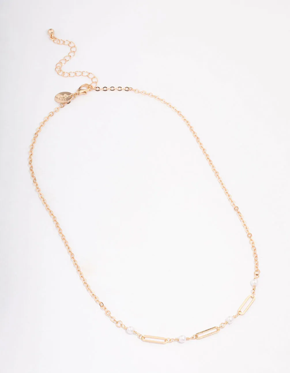 Gold Pearl Rectangle Link Short Necklace