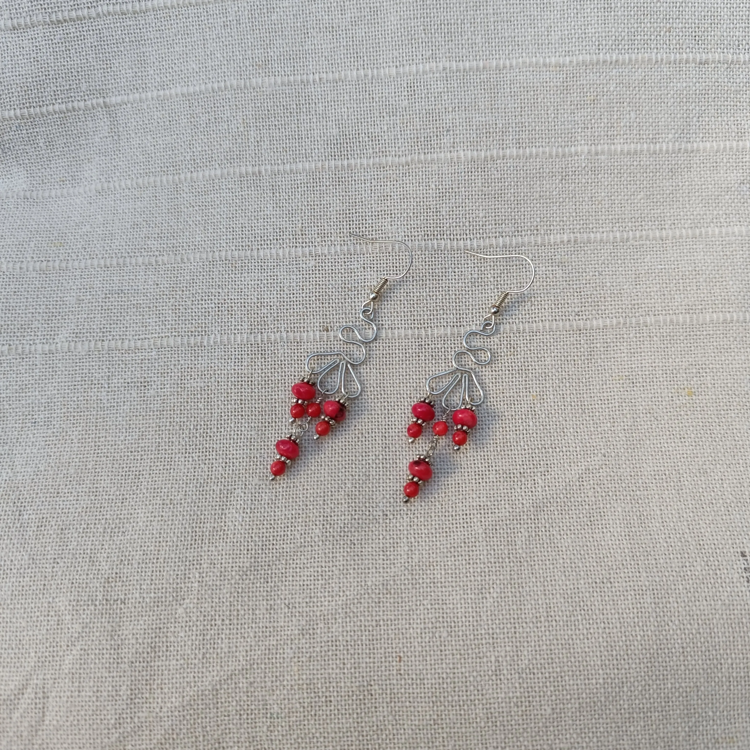 Handmade Peacock Wire Earrings with Red Coral