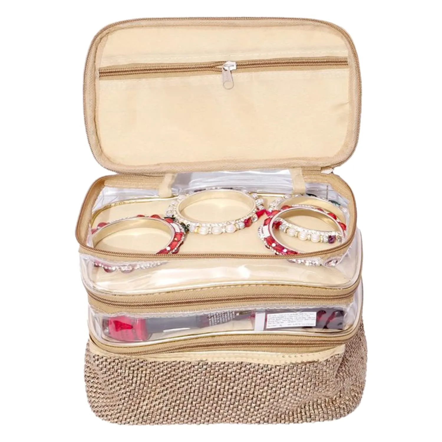 Heart Home Jute 3 Compartment Jewellery Organizer For Bangles, Small Jewellery & Cosmetic (Gold) 54HH4074.