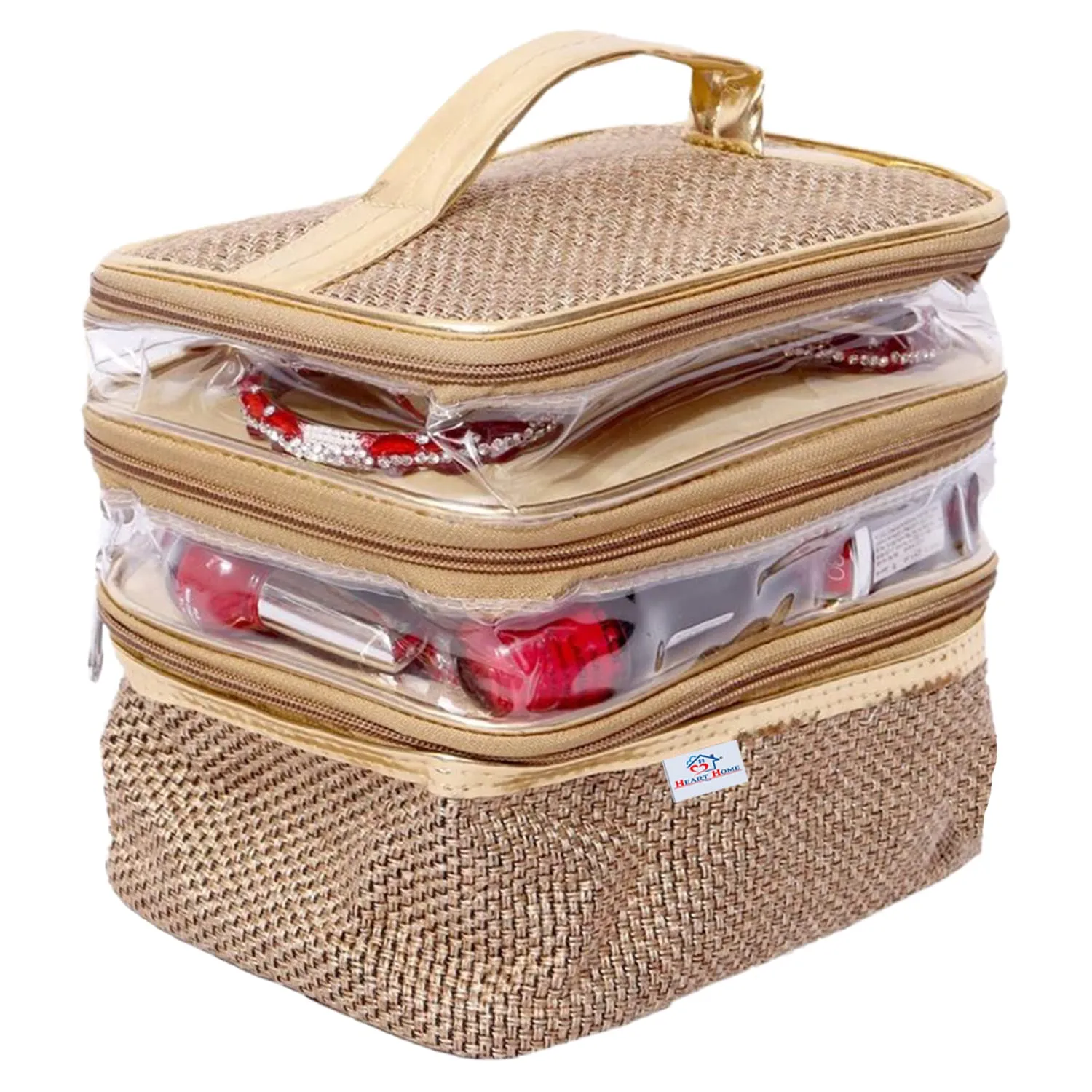 Heart Home Jute 3 Compartment Jewellery Organizer For Bangles, Small Jewellery & Cosmetic (Gold) 54HH4074.