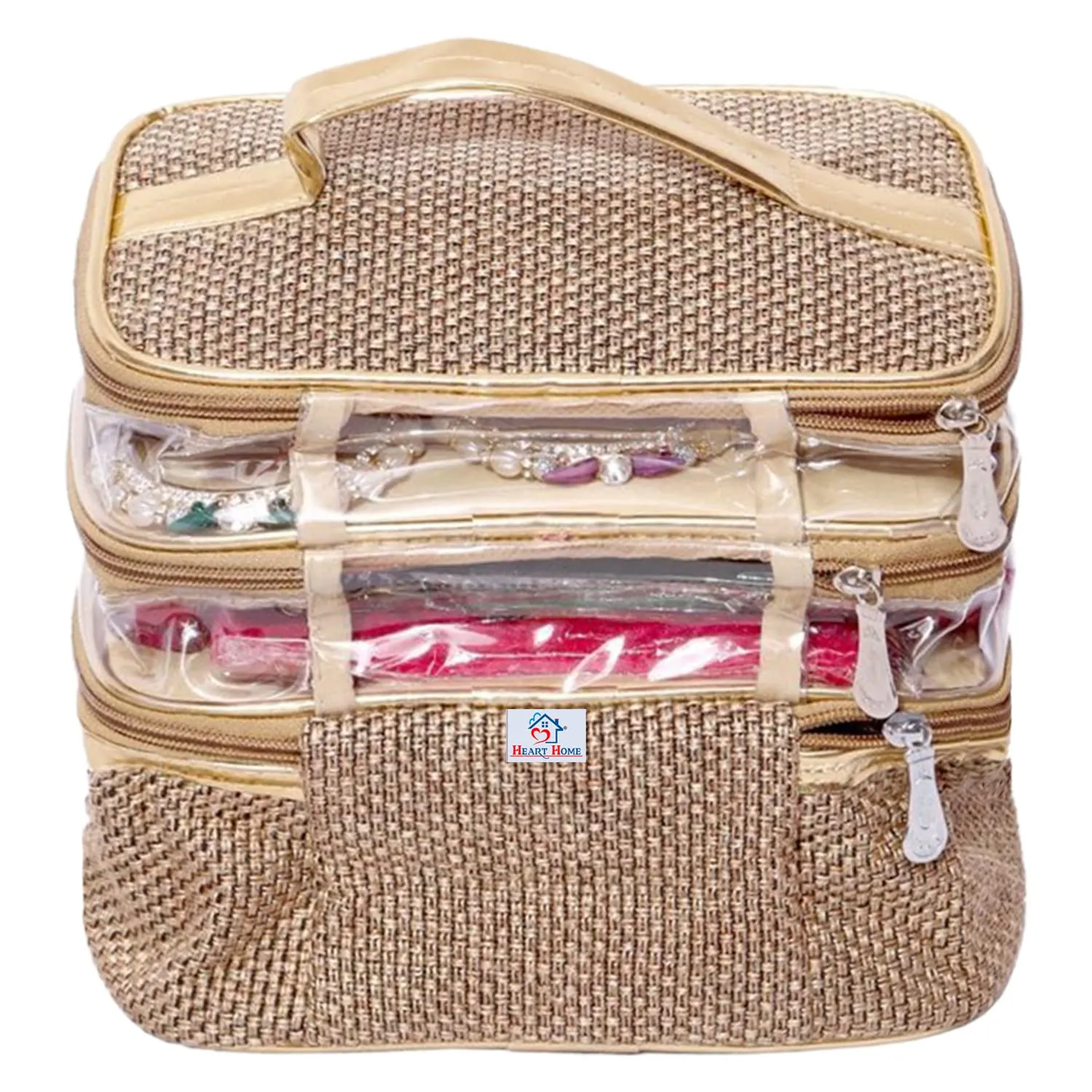 Heart Home Jute 3 Compartment Jewellery Organizer For Bangles, Small Jewellery & Cosmetic (Gold) 54HH4074.