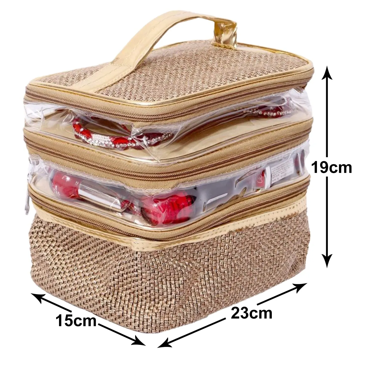 Heart Home Jute 3 Compartment Jewellery Organizer For Bangles, Small Jewellery & Cosmetic (Gold) 54HH4074.