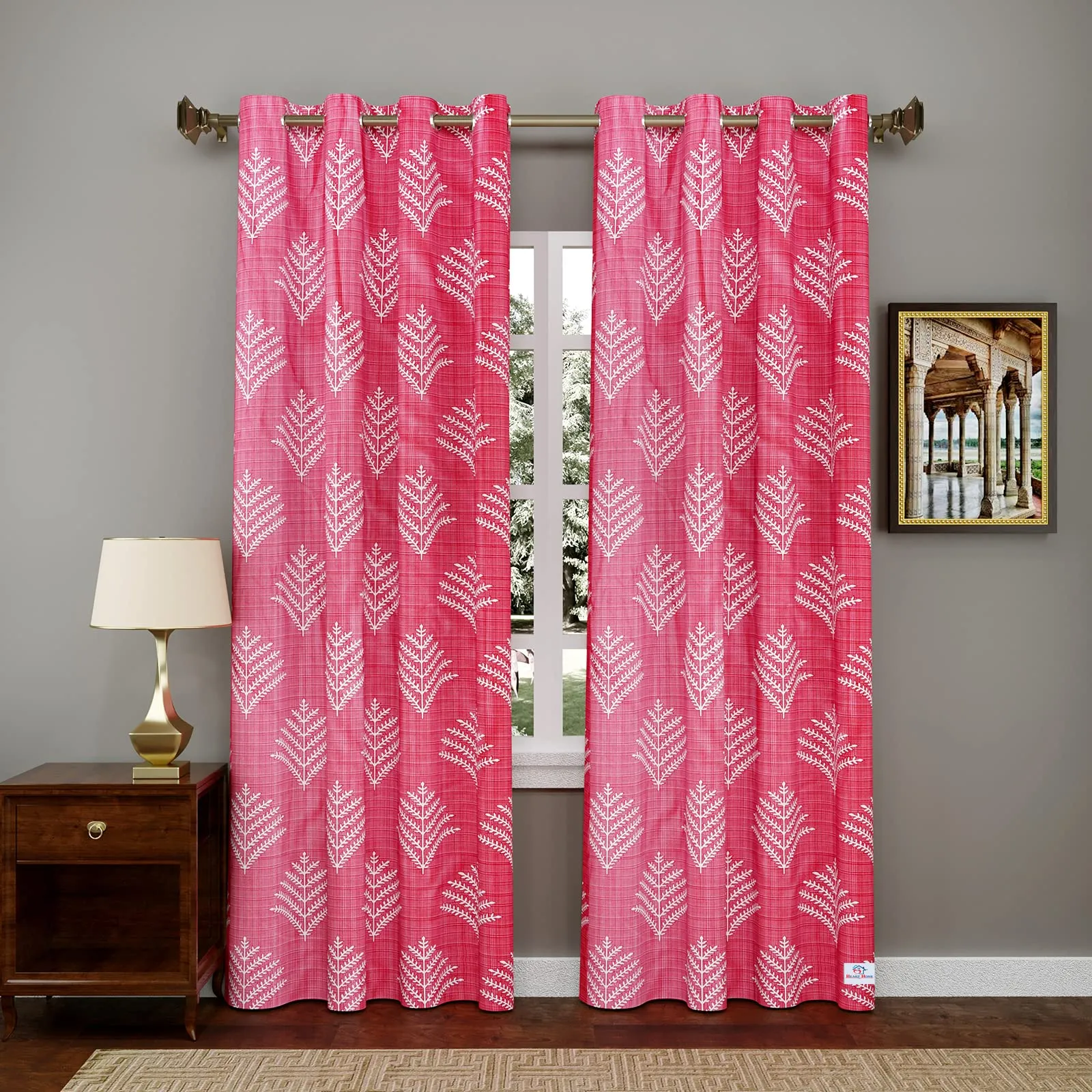 Heart Home Leaf Printed 7 Feet Door Curtain for Living Room, Bed Room, Kids Room with 8 Eyelet- Pack of 2 (Pink)-HS43HEARTH25587