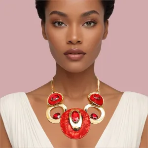 Herringbone Chain Necklace Red & Gold Circular Bib - Women's Fashion Jewelry