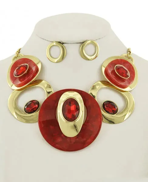 Herringbone Chain Necklace Red & Gold Circular Bib - Women's Fashion Jewelry